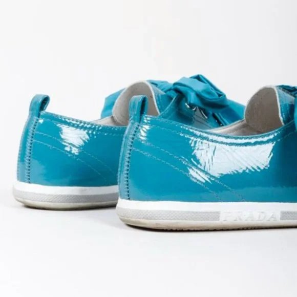 Prada Blue Patent Leather Ribbon Lace-Up Sneakers - Picture 8 of 10